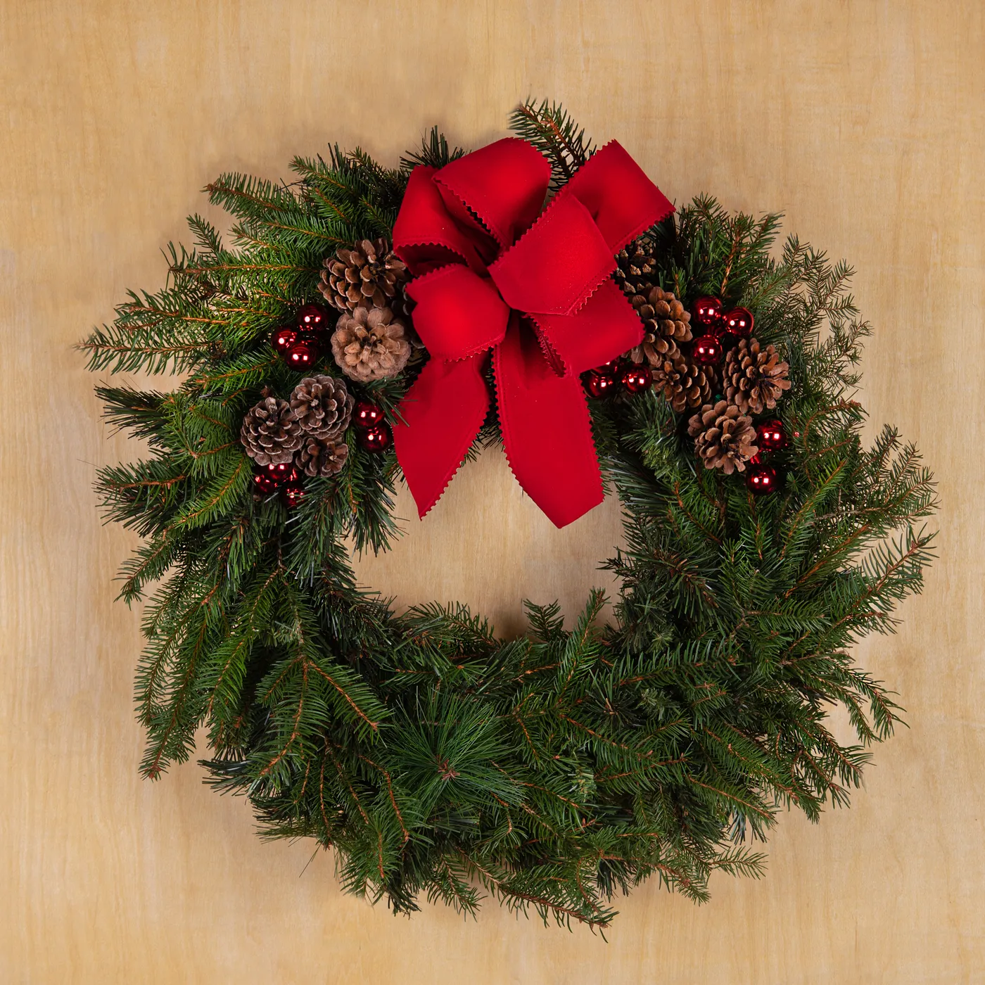 Balsam Wreath with Velvet Bow, Decorative Glass Balls and Pinecones - Mystic Garden Club