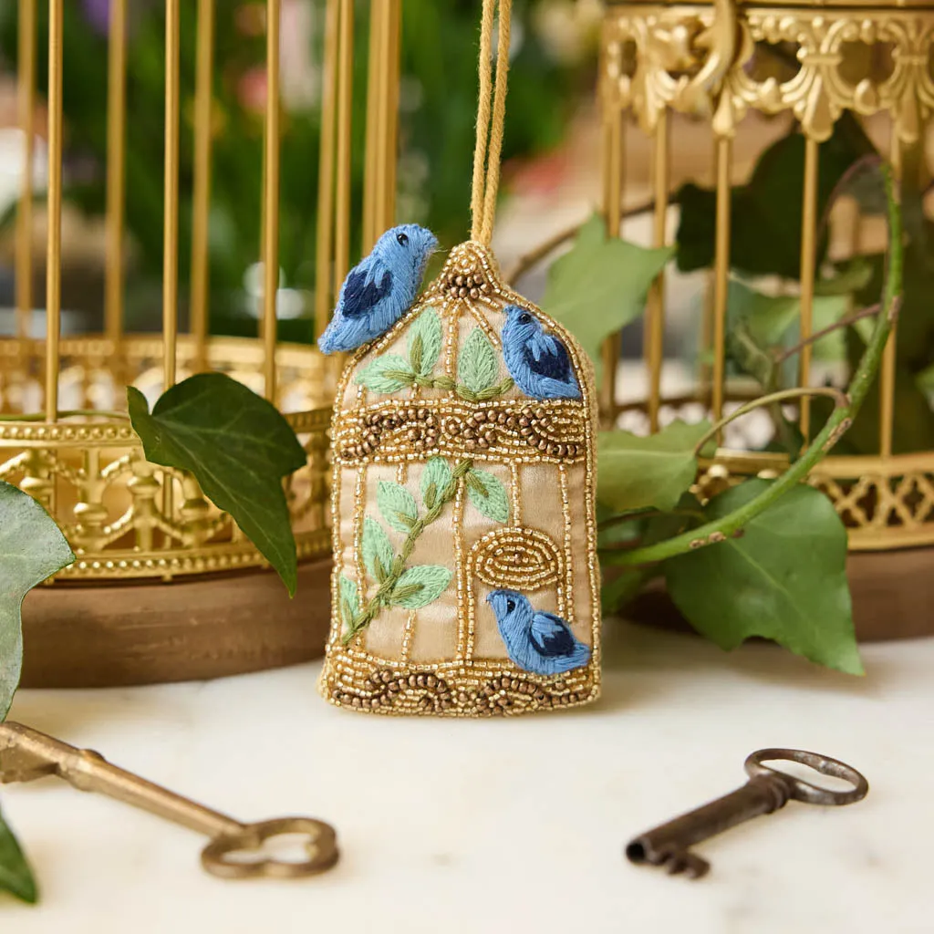 Birdcage Beaded Ornament | Handmade Bluebird Christmas Ornament