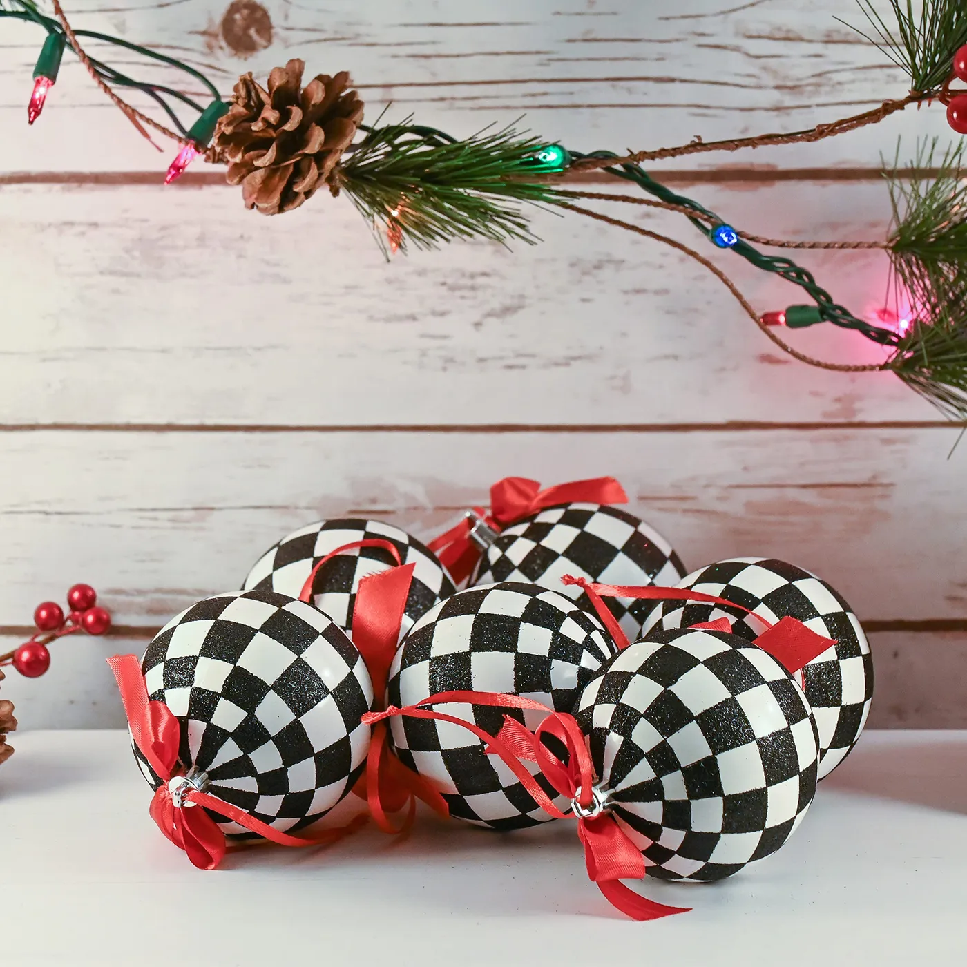 Black and White Ornaments - Glittered Black and White Checkered Ball O