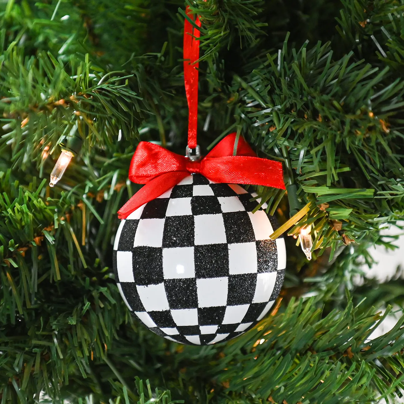 Black and White Ornaments - Glittered Black and White Checkered Ball O