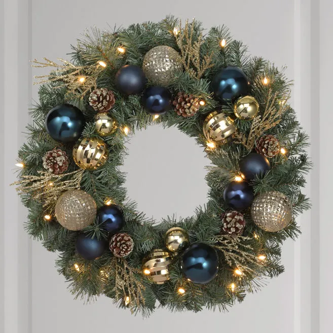 Blue and Gold Deco Mesh Wreath, Majestic Christmas Wreath Festive Blue and Gold Holiday Wreath