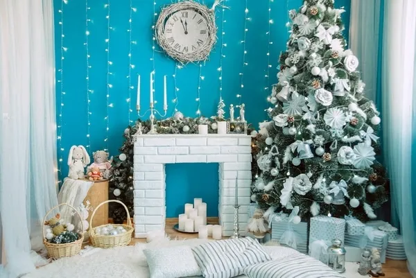 Blue Wall Background White Brick Fireplace Christmas Tree Christmas  Backdrops