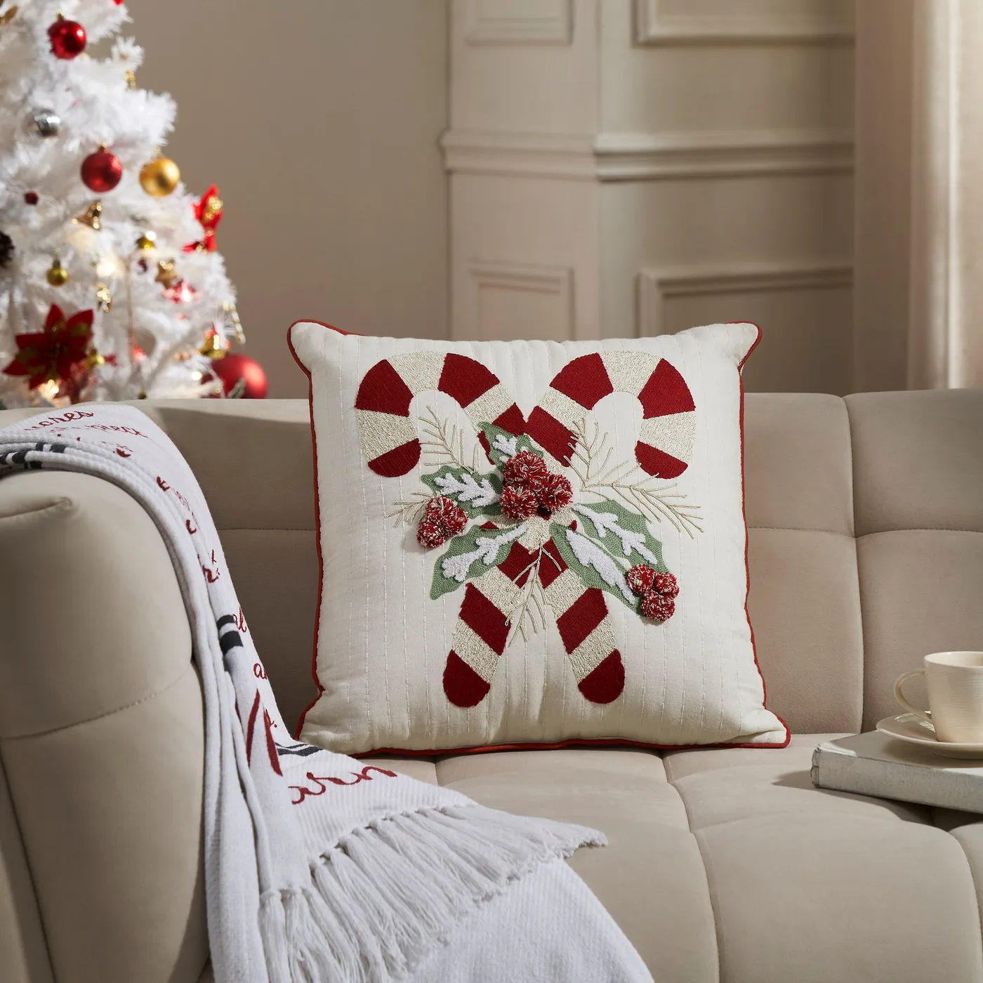 Candy Cane & Holly Pillow 18x18