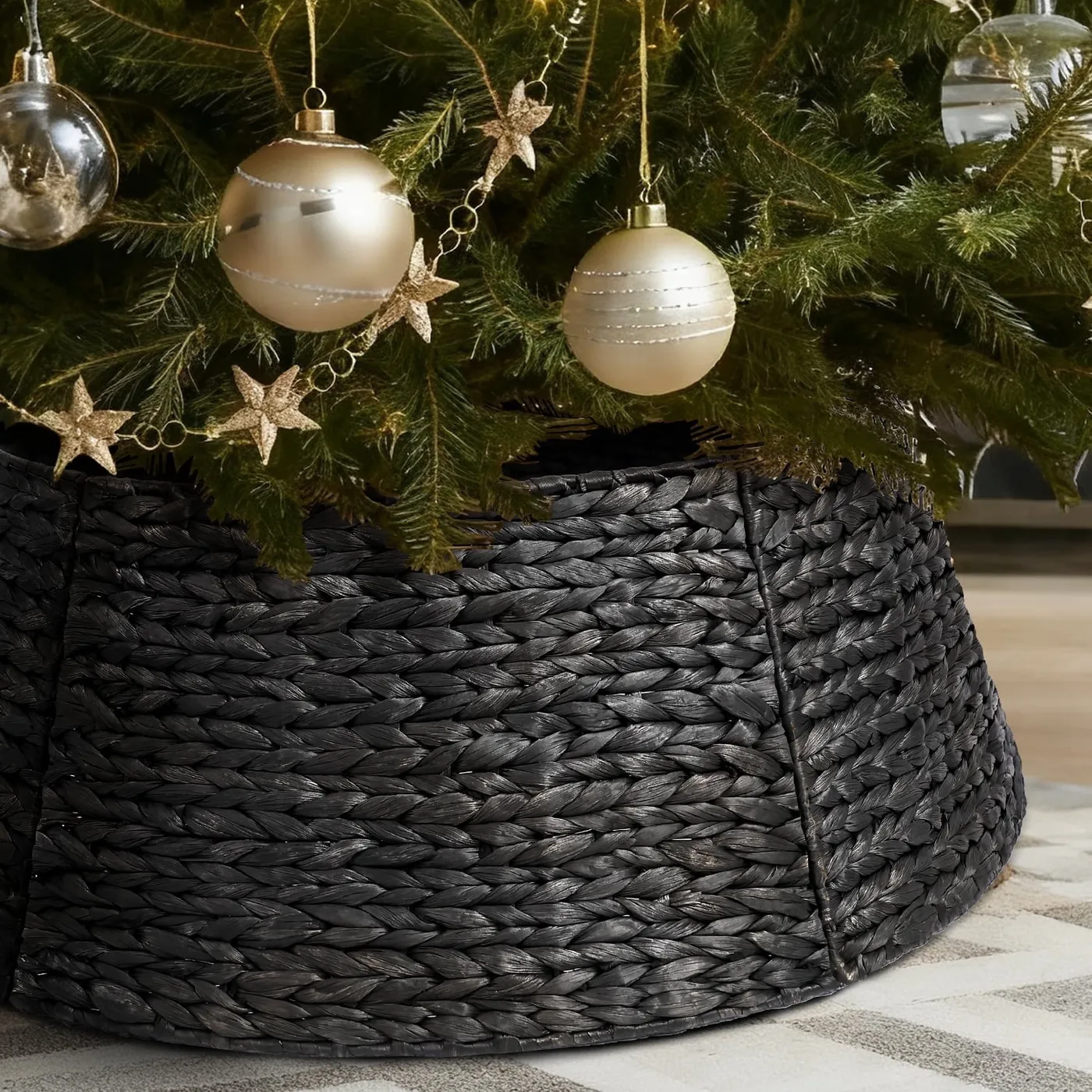 Charcoal Fluted Metal Christmas Tree Collar - 24 Woven Black Christmas Tree  Collar
