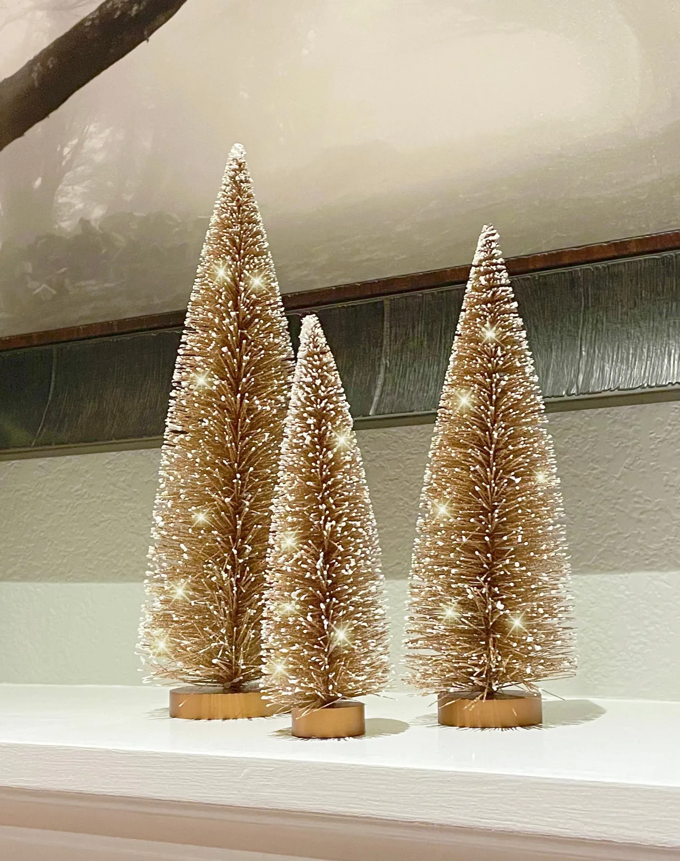 Christmas Bottle Brush Trees Set of 3 in Sparkling Gold with Snowy Whi -  Richards Expo