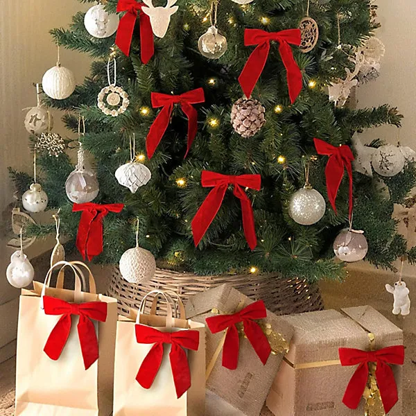 Christmas Bow Decorations, 24 Medium Red Velvet Bows 13 x 18 cm for  Christmas Tree, Burgundy