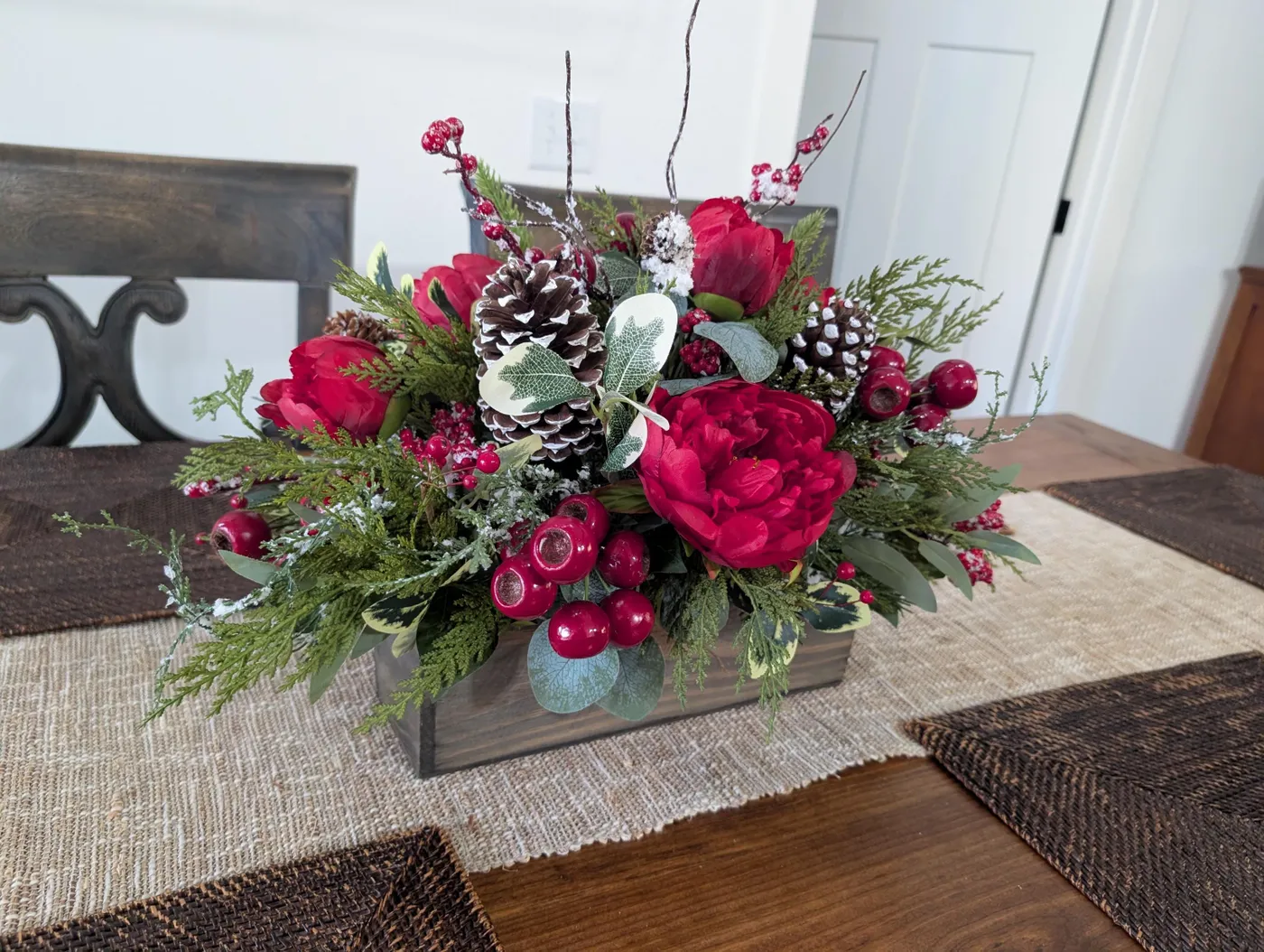 Christmas Centerpiece, Flower Crate Arrangement for Christmas, Rustic Christmas Centerpieces for table mantle, Modern Farmhouse Decor 36
