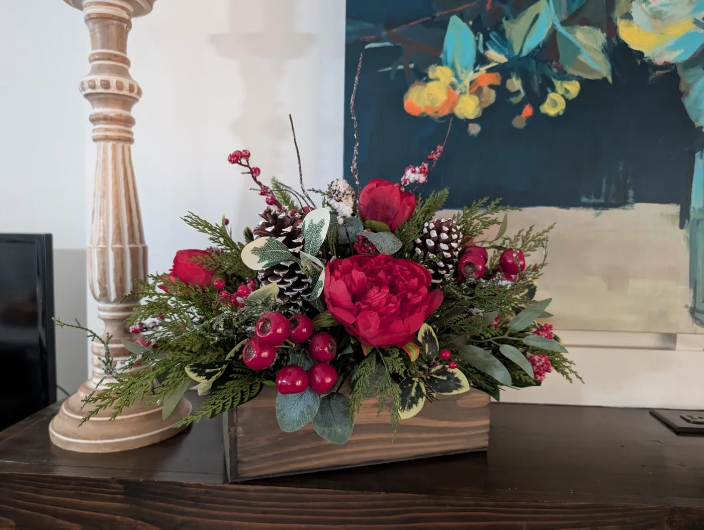 Christmas Centerpiece, Flower Crate Arrangement for Christmas, Rustic Christmas Centerpieces for table mantle, Modern Farmhouse Decor 36
