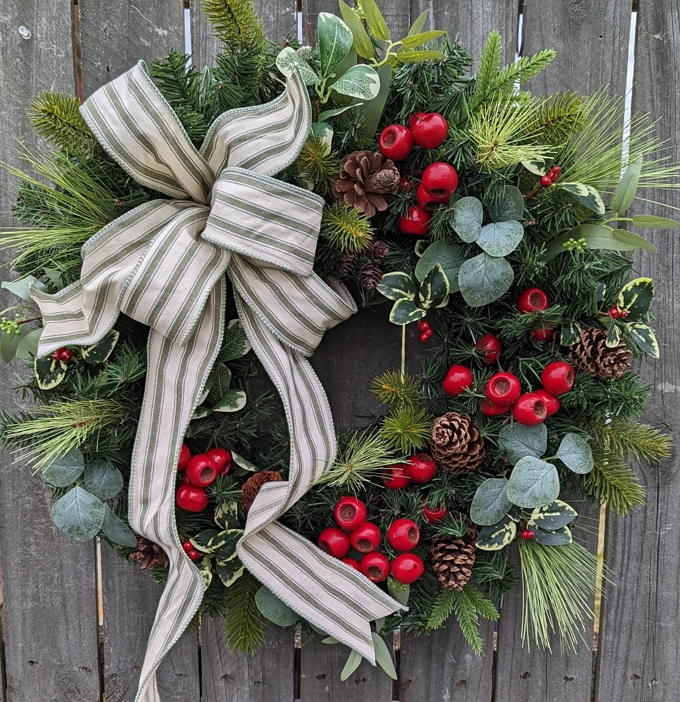 Christmas Door Wreath, Ticking Bow, Pine, Berries, Eucalyptus 295*