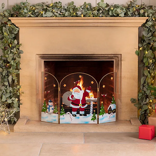 Christmas Fireguard Decoration Xmas Fireplace Screen Fire Guard 3 Panel  Folding 49cm Santa