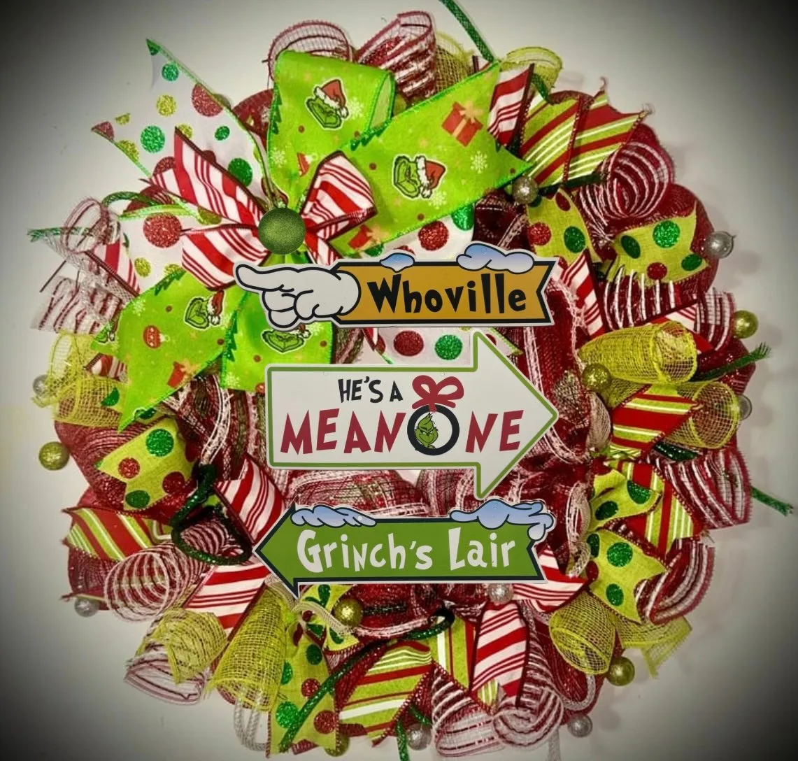 Christmas Grinch Wreath - Welcome to Whoville | Amour Front Door Grinch  christmas Wreath whoville decorations XL 22 inch mesh Christmas wreath