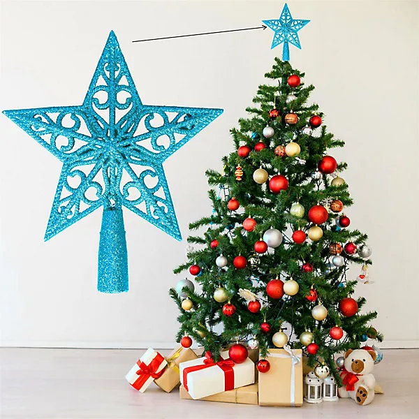 Christmas Ice Blue Glitter Star Tree Topper - Sparkling Star Decoration for Xmas Tree - Elegant Christmas Home