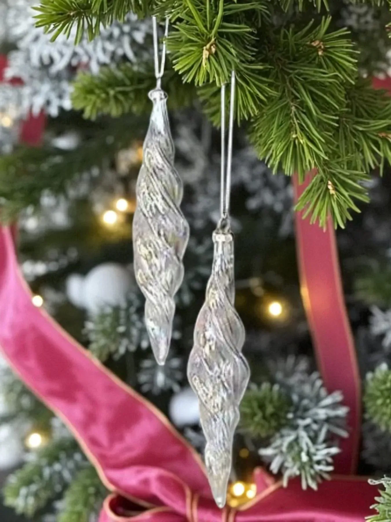 Christmas Icicle Tree Decorations 2 x Long Twisted Pearlized glass - Four Seasons Home, Garden & Giftware