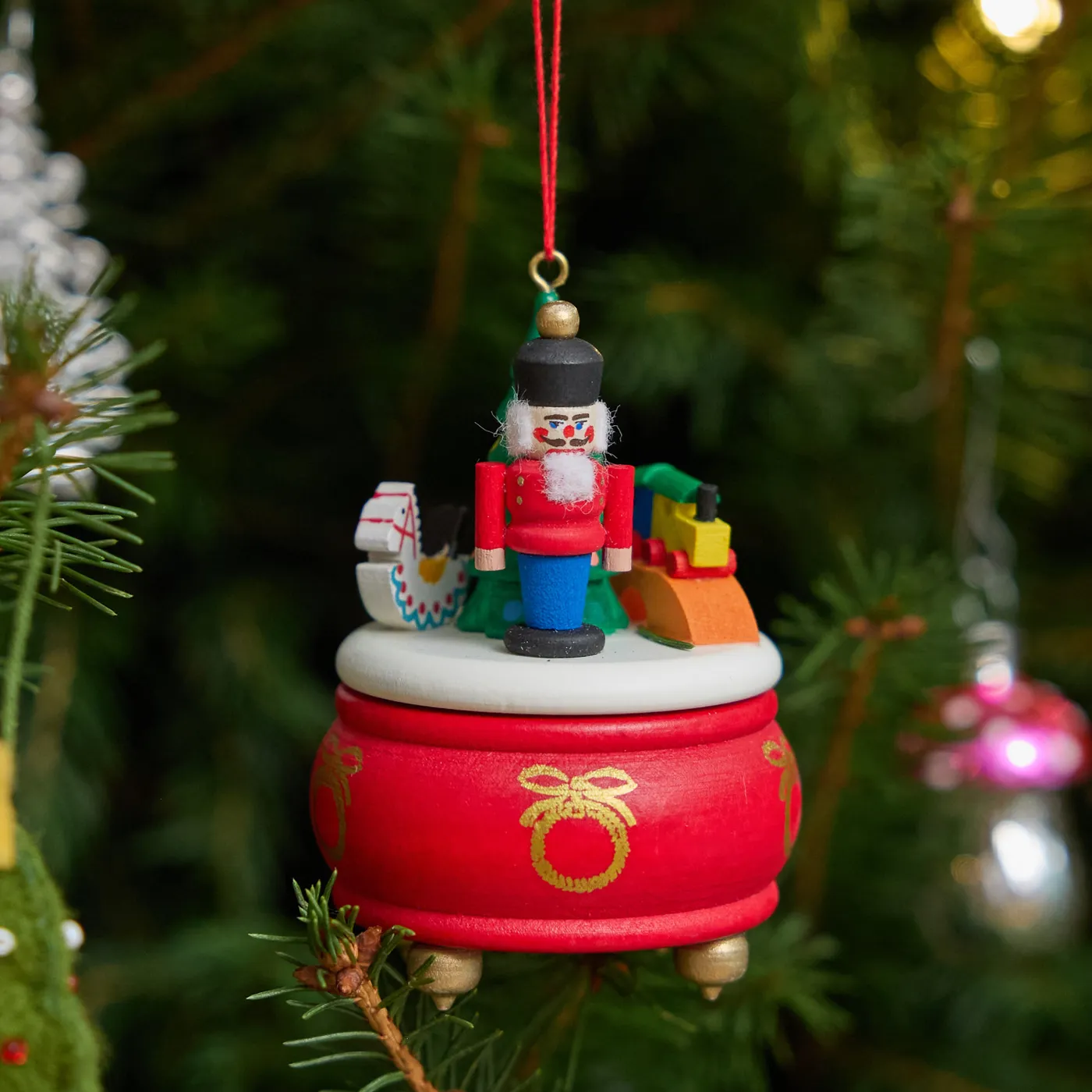 Christmas Ornaments Holiday Music Box Hand-Crafted Red Music Box W Nutcracker Rocking Horse Wooden Ornament – Craftspring