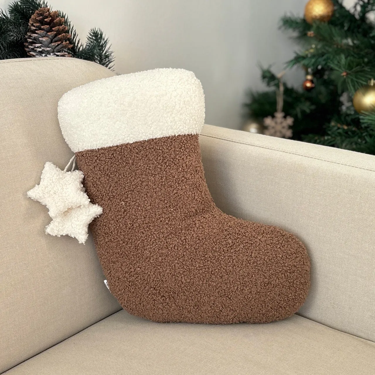 Christmas shape Stocking cushion brown boucle shape pillow