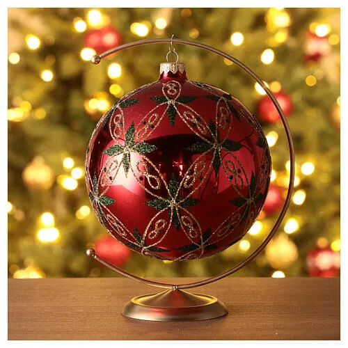Christmas tree ball red shiny leaves glitter blown glass 150mm | online sales on HOLYART.com