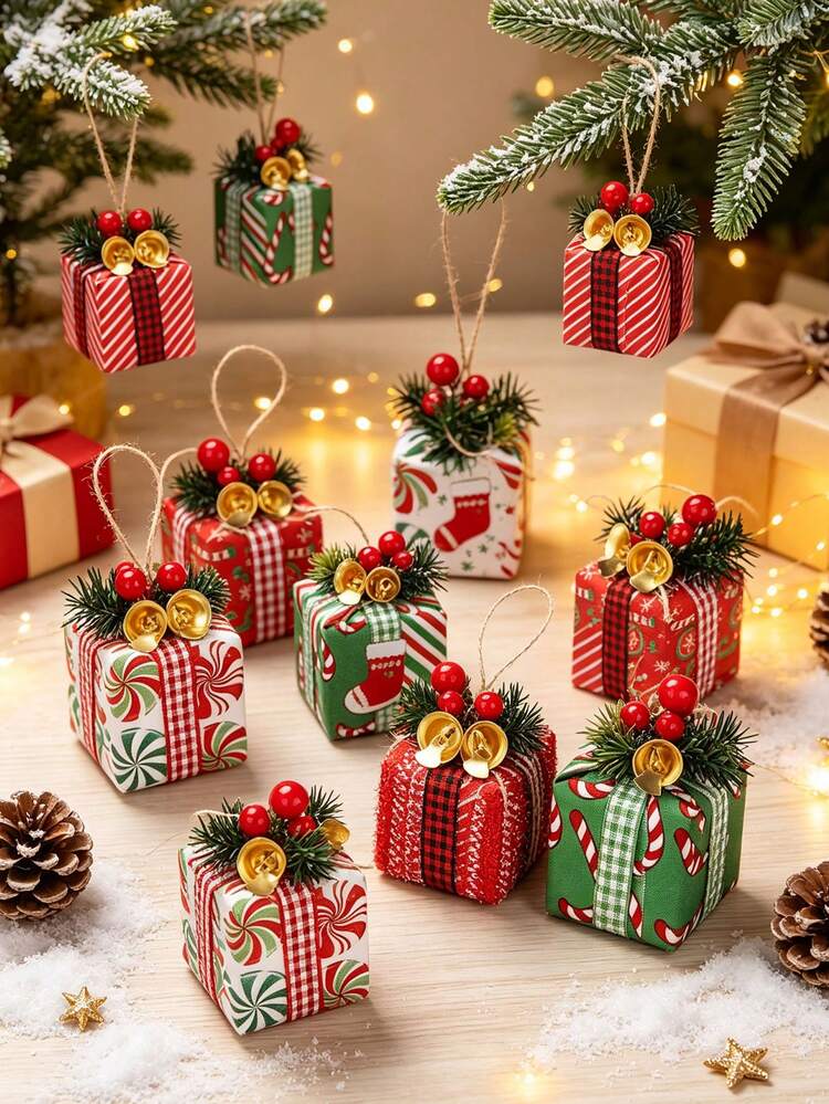 Christmas Tree Gift Box Decoration, Red And Green Christmas Packaging Box With Bells, Red Berries And Pine Needles, Christmas Tree Home Fireplace Decor, Party Supplies (Random Style As Shown In Imag