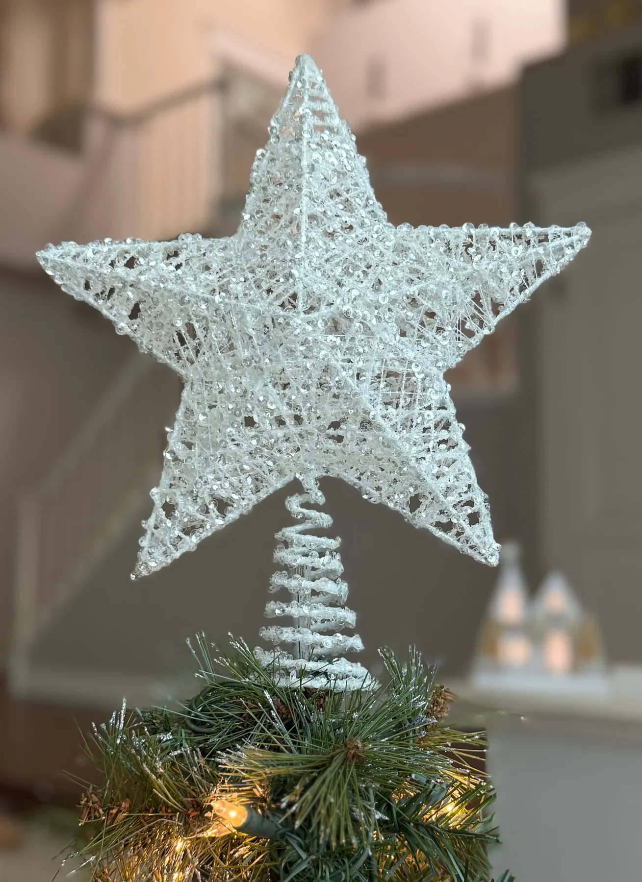Christmas Tree Star Topper, 12 inch White Glittered Sequined, Metal wi - Richards Expo