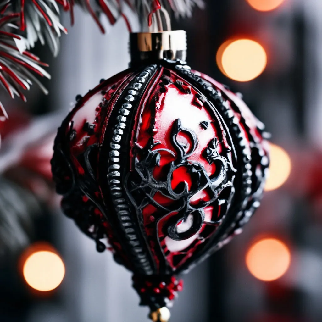 Christmas tree toy in Gothic style gotico, black and red, white bokeh  background, cold.' — image created in Shedevrum