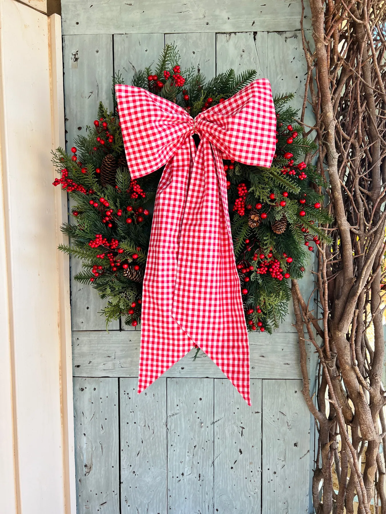 Christmas Wreath For Front Door | Holiday Entryway Wreath White and Red wreath with Bows