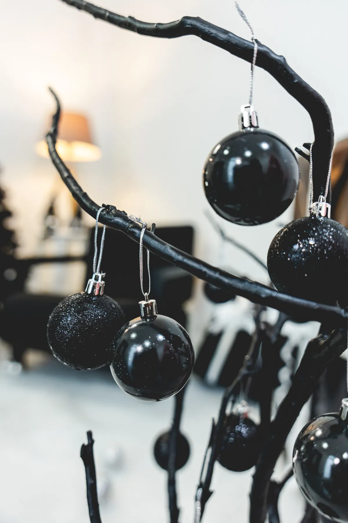 Close-up of black ornaments on a bare branch, modern holiday decor.