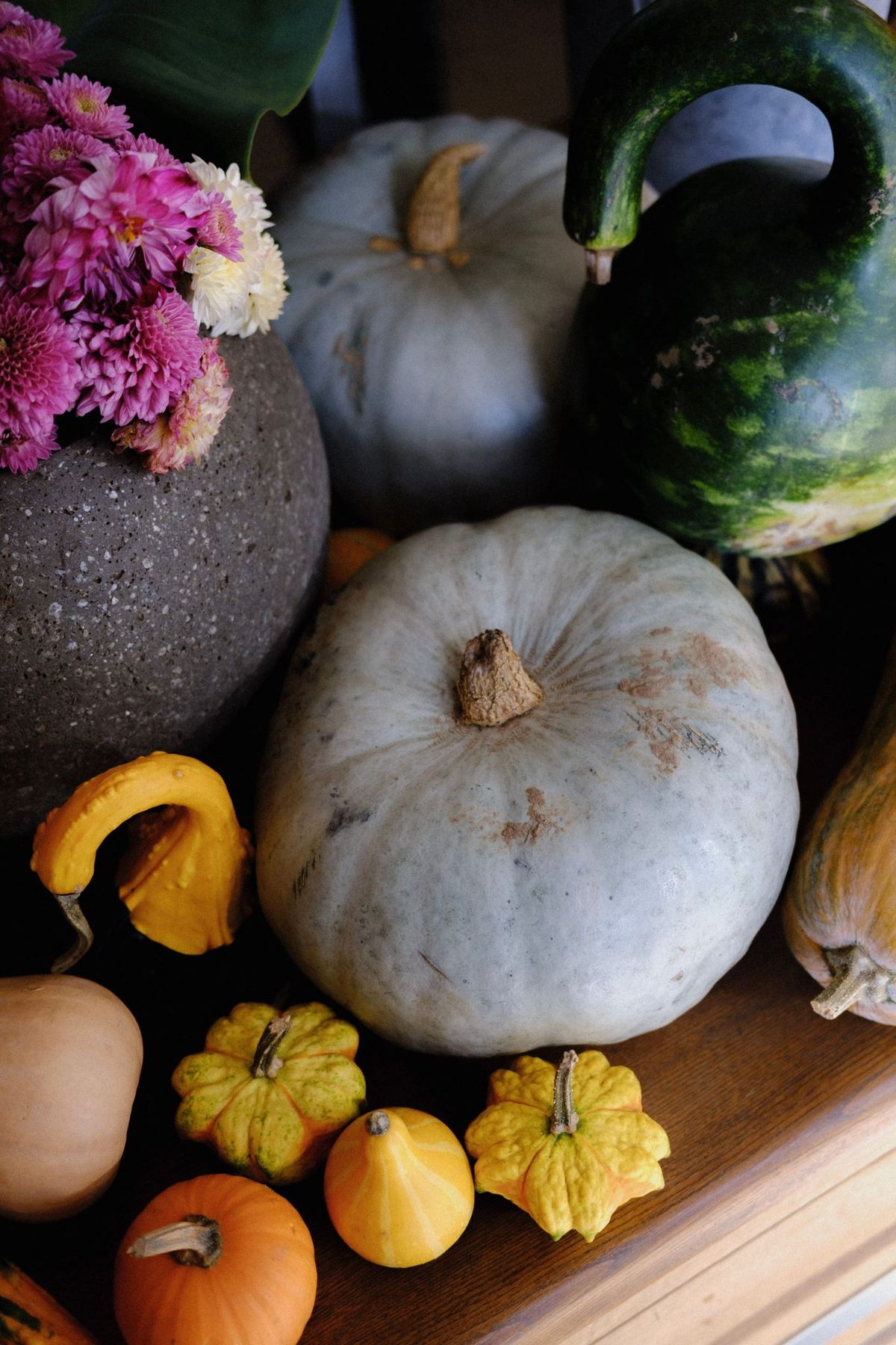 Colorful autumn display featuring ornamental pumpkins and flowers, perfect for fall decor.