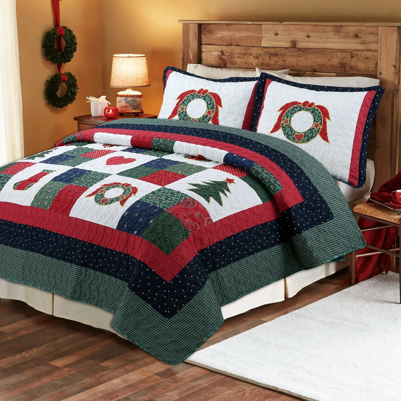 Cozy Line Merry Christmas Cotton Reversible Quilt Bedding Set - King