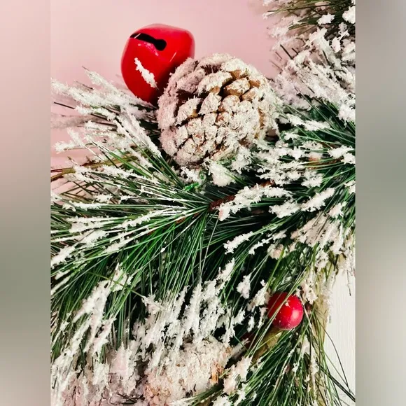 Dashing Through the Snow Flocked Pinecone and Bells Wreath Snowy Pine w/Red Bells & Berries Wreath