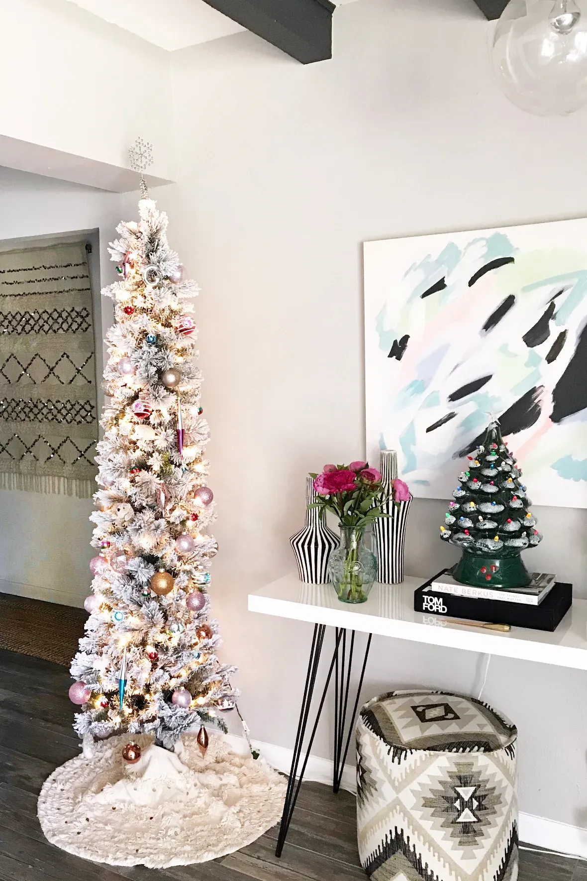 Decorated Flocked Pencil Christmas Tree Snow Flocked Pencil Christmas Tree, Slim Artificial Christmas Tree With Sturdy