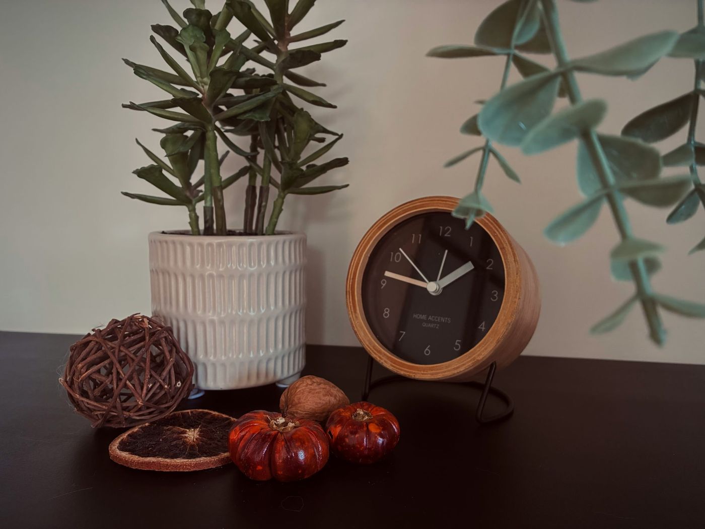 Decorative pumpkins, dried orange slice, and plant on shelf