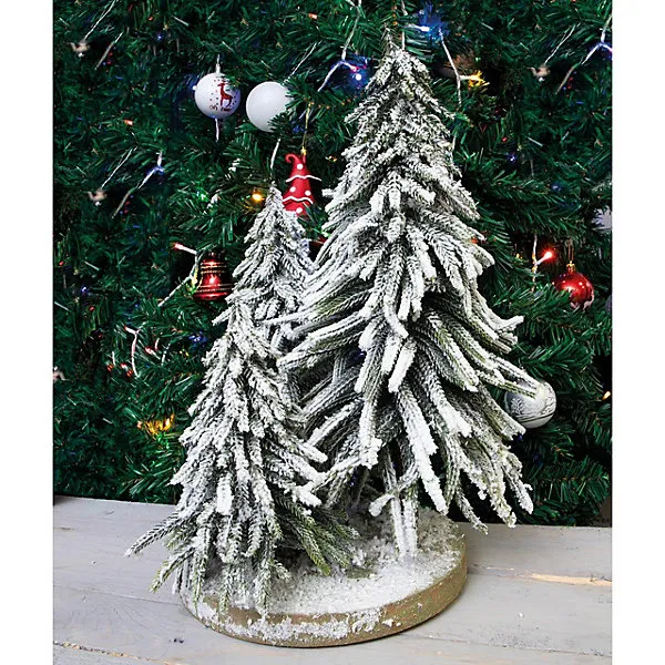 Decorative Snow Topped Mini Christmas Tree Display on Plinth - Freestanding Festive Xmas Ornament Decoration - H47 x