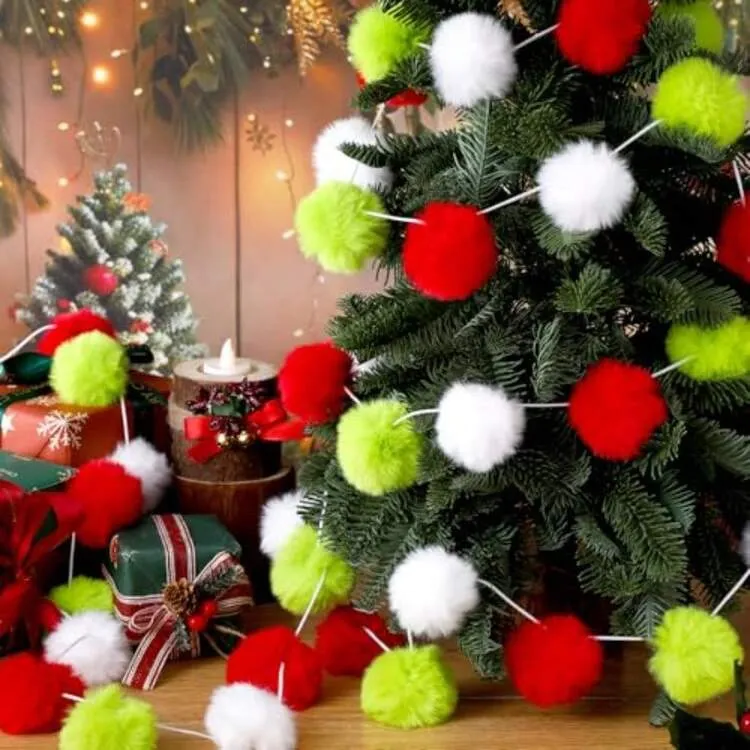 DNewwiee 2 Pack Christmas Furry Pom Pom Ball Garland 6.56 Ft Pastel Furry  Xmas Banner For