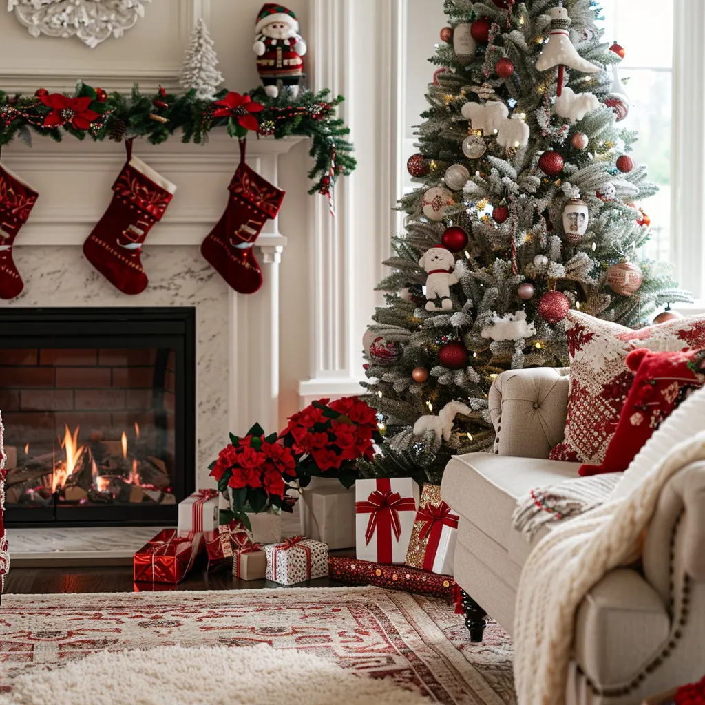 Download Cozy Christmas Corner Image - Christmas, Fireplace, Stockings | StockCake