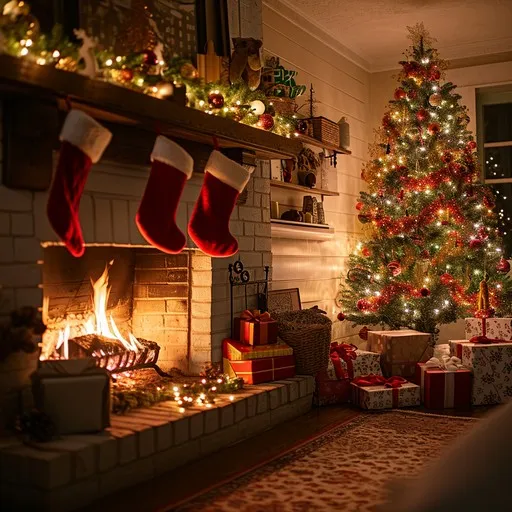 Download Cozy Christmas Corner Image - Christmas, Fireplace, Stockings |  StockCake