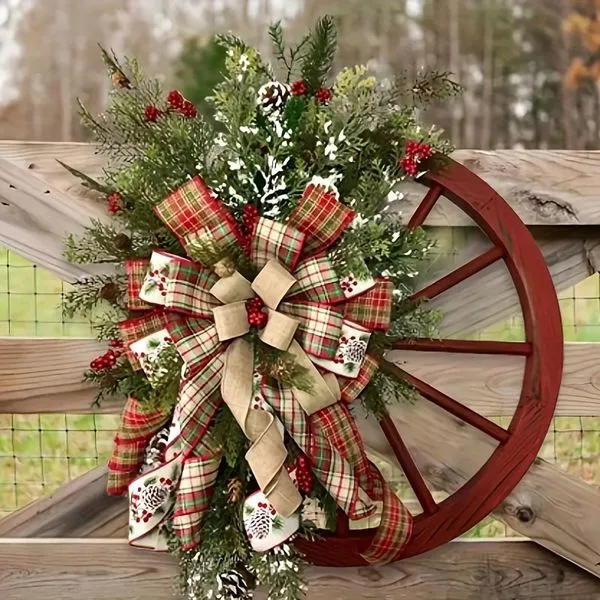 Dropship 1pc Christmas Red Wagon Wheel Wreath, Front Door Reusable Vintage Xmas Garland, Artificial Flower Funny Outdoor Indoor Xmas Tree Decor to Sell Online at a Lower Price | Doba