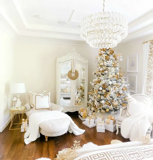 Elegant White and Gold Christmas Bedroom Tour - Randi Garrett Design