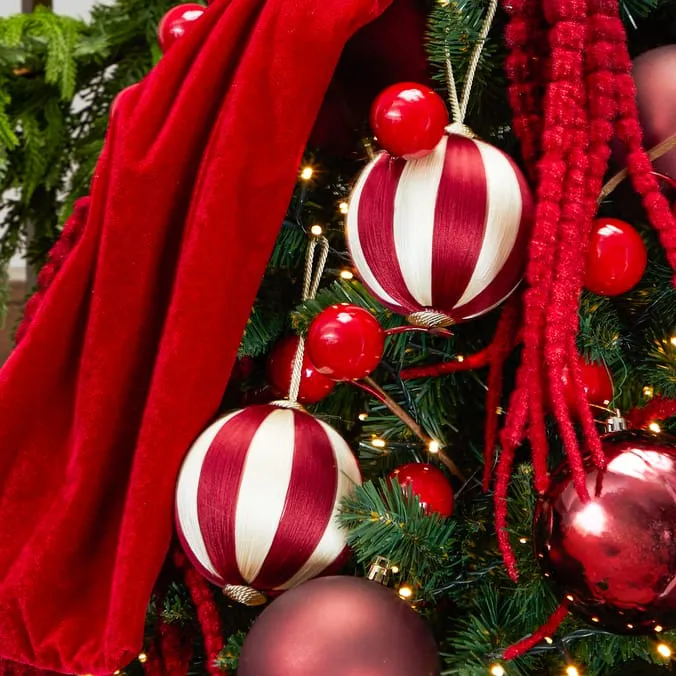Festive Feeling Satin Stripe Christmas Bauble 6 Pack | Home Bargains