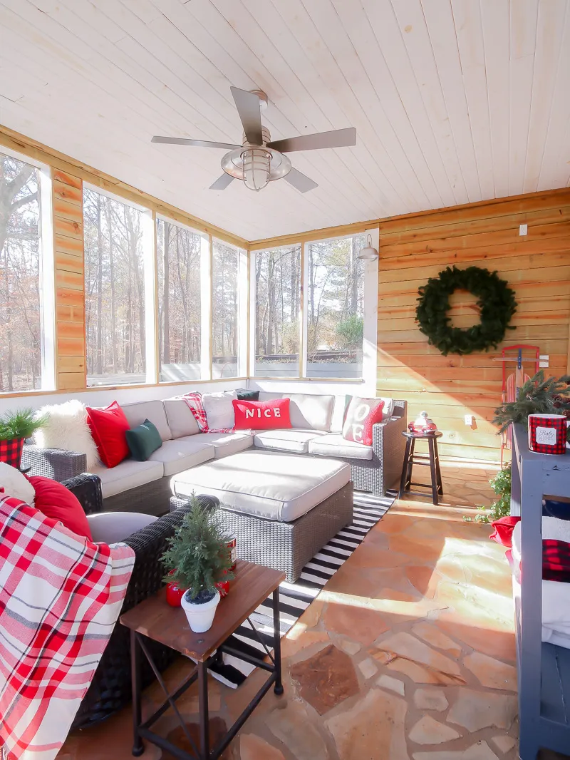 Festive Winter Porch using red, green and gray - Duke Manor Farm by Laura Janning