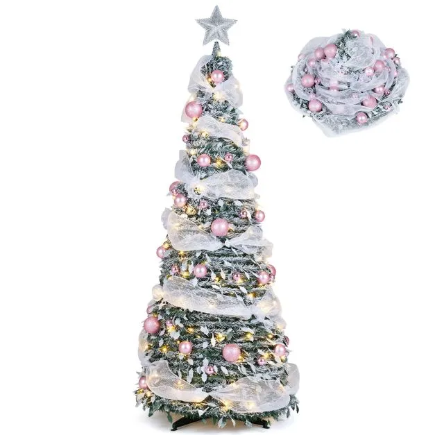 Flocked Christmas Tree with Pre-Lit and Fully Decorated Pop Up Xmas Tree - Costway