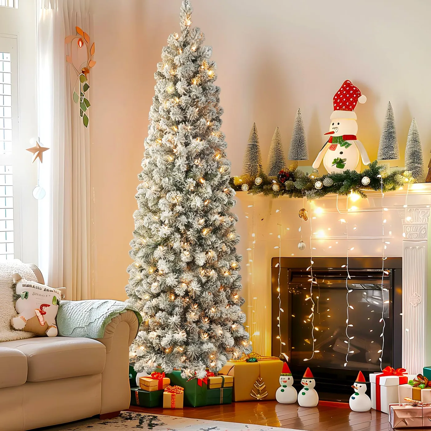Flocked Spruce Pencil Christmas Tree with Warm White Lights | 4-9FT | SHareconn Warm White Lights / Pencil / 7FT