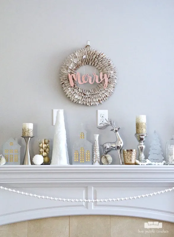 Frosted Metallics Christmas Mantel Decor - two purple couches