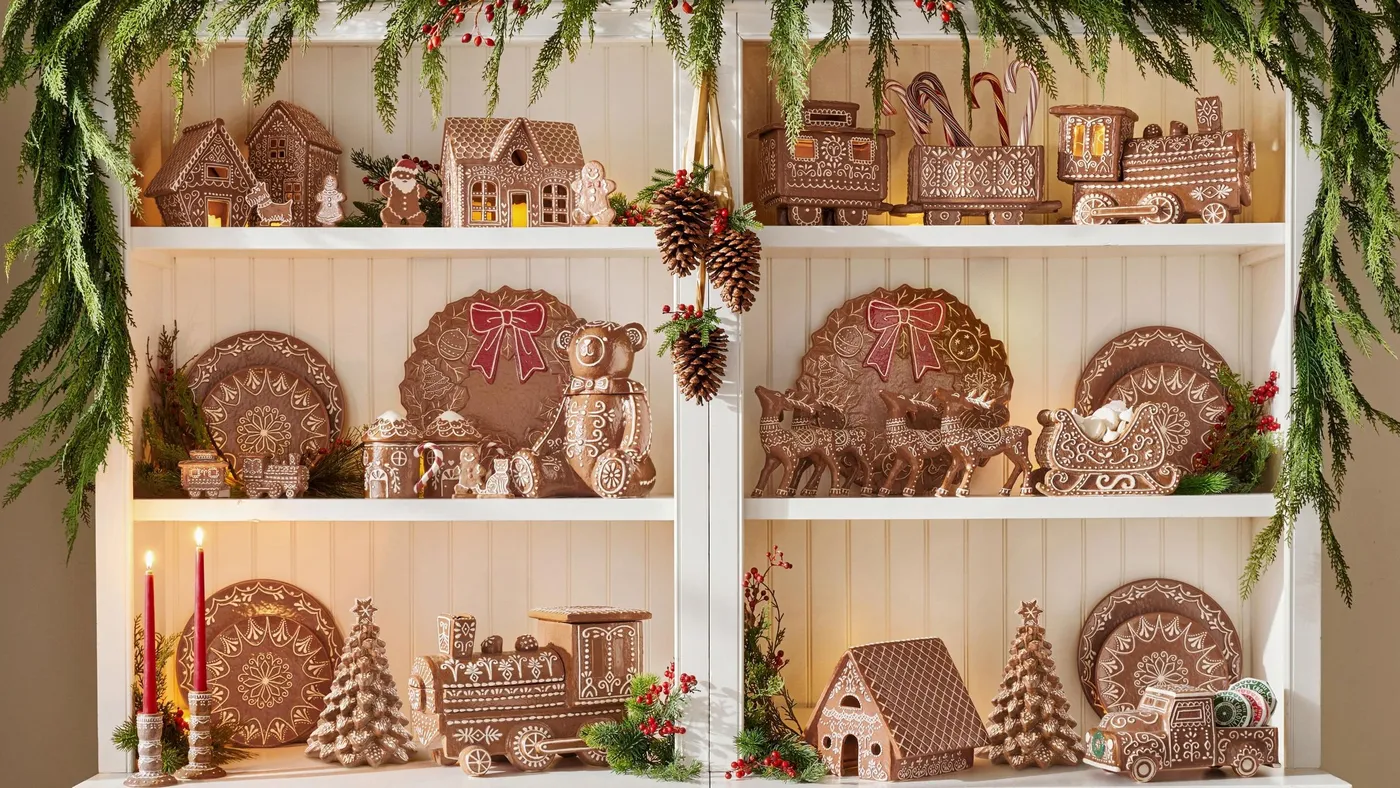 Gingerbread themed kitchen counter styling NEW Christmas 2025 Pottery Barn  Gingerbread Stoneware Kitchen Utensil Crock