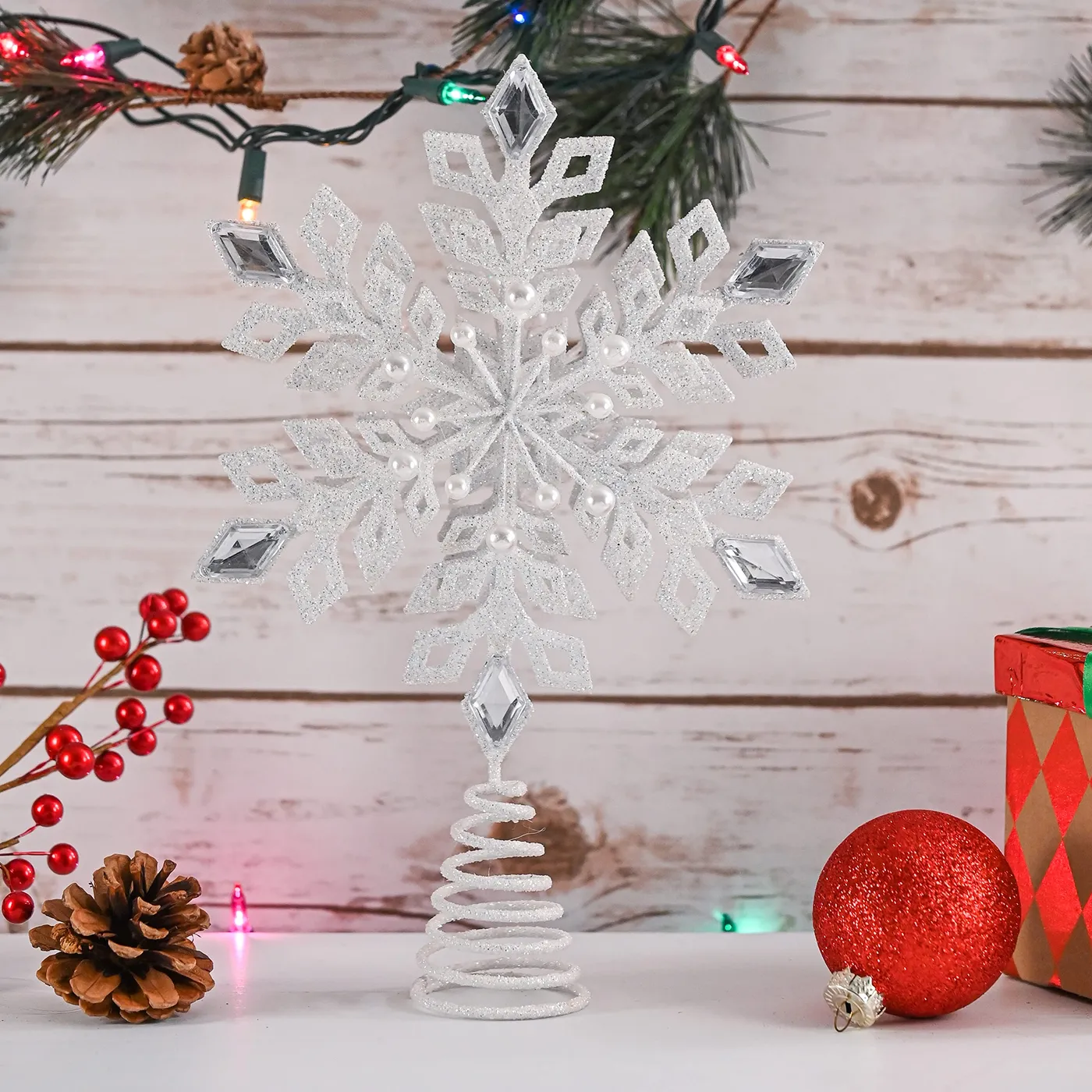 Glitter Snowflake Tree Topper - White Sparkling Christmas Tree Decorat