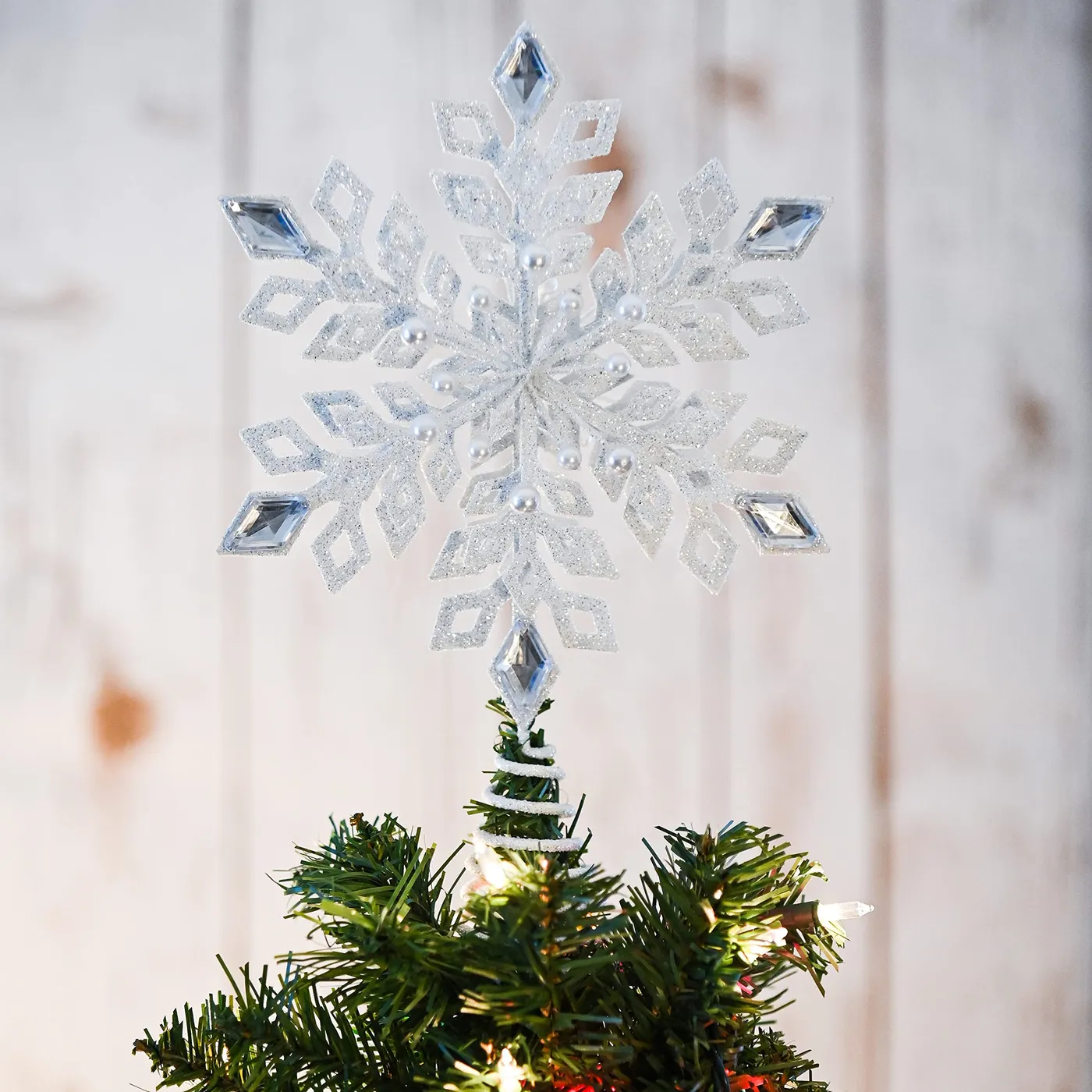 Glitter Snowflake Tree Topper - White Sparkling Christmas Tree Decorat