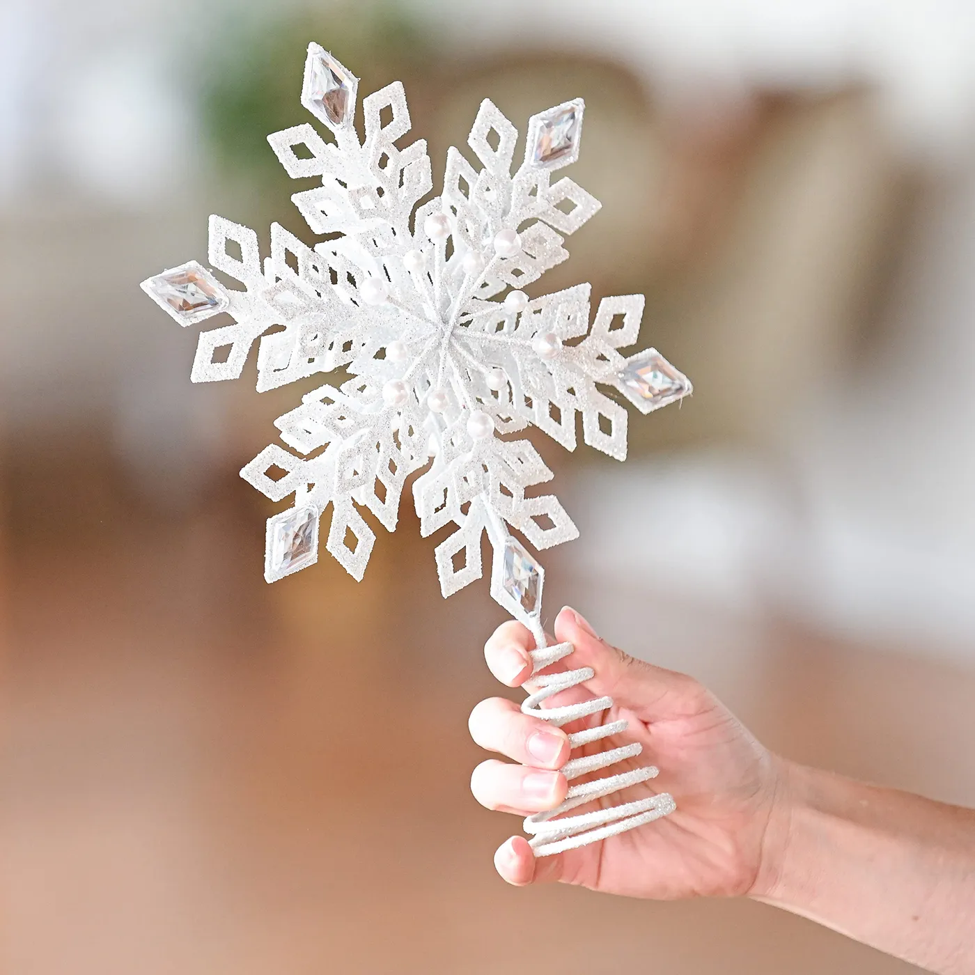 Glitter Snowflake Tree Topper - White Sparkling Christmas Tree Decorat