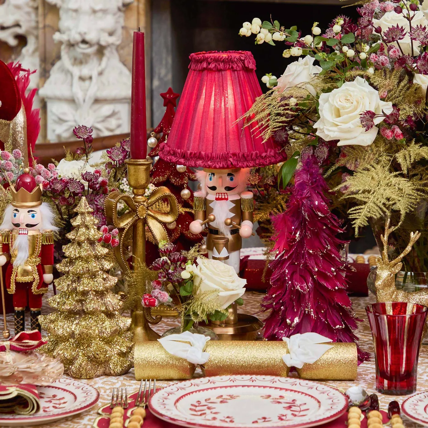 Gold Nutcracker Rechargeable Lamp with Burgundy Frilled Silk Shade (18