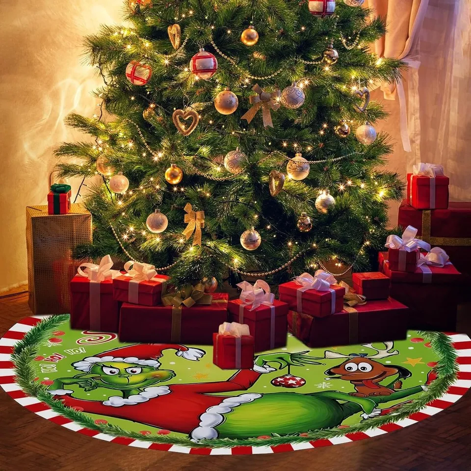Grinch Christmas Tree Skirt – Fun Green & Red Holiday Decor, Large Polyester Tree Mat Grinch Tree Skirt