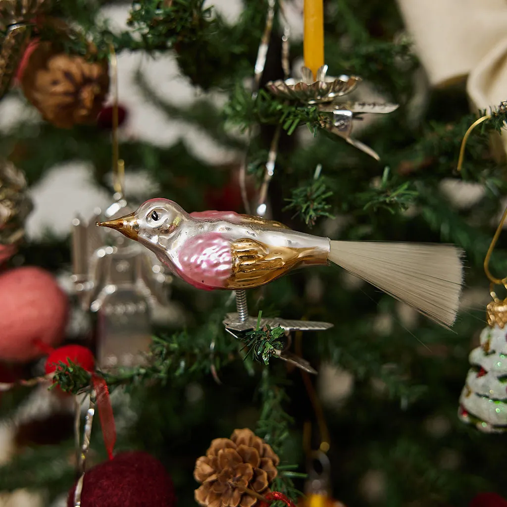 Hand-blown and Painted Iridescent Tail Rose Gold Bird Clip-On Ornament