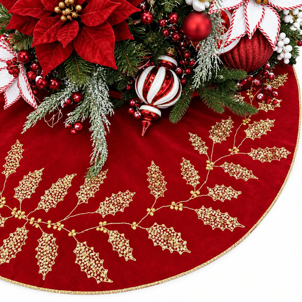 Hand-embroidered Christmas Tree Skirt, Red, 101 cm, Mistletoe Leaves