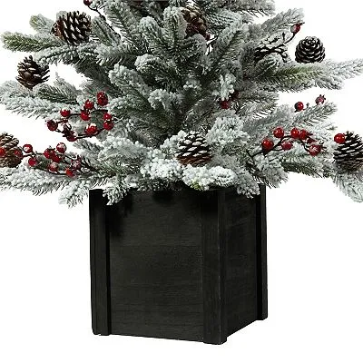 Haute Decor 36 Inch Tall Unlit Flocked Stockhorn Potted Tree, with Berries, Pinecones, Black Wooden Pot